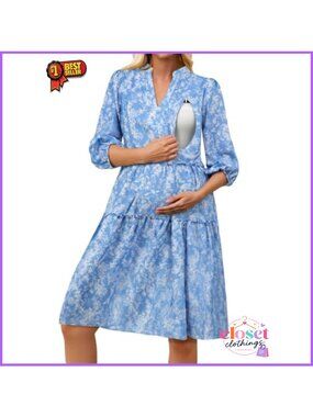 Maternity Nursing Dress Hidden Zipper Breastfeeding Pockets V-Neck 3/4 Sleeve